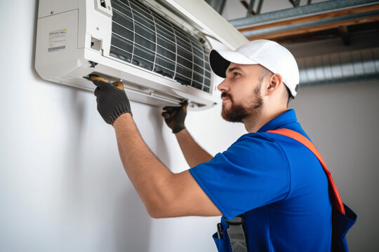Air conditioning technician servicing a wall-mounted AC unit in Aurora, CO