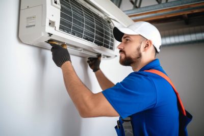 Air conditioning technician servicing a wall-mounted AC unit in Aurora, CO